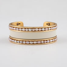 Load image into Gallery viewer, Gold Brushed Cuff with Grey Pearl Beads
