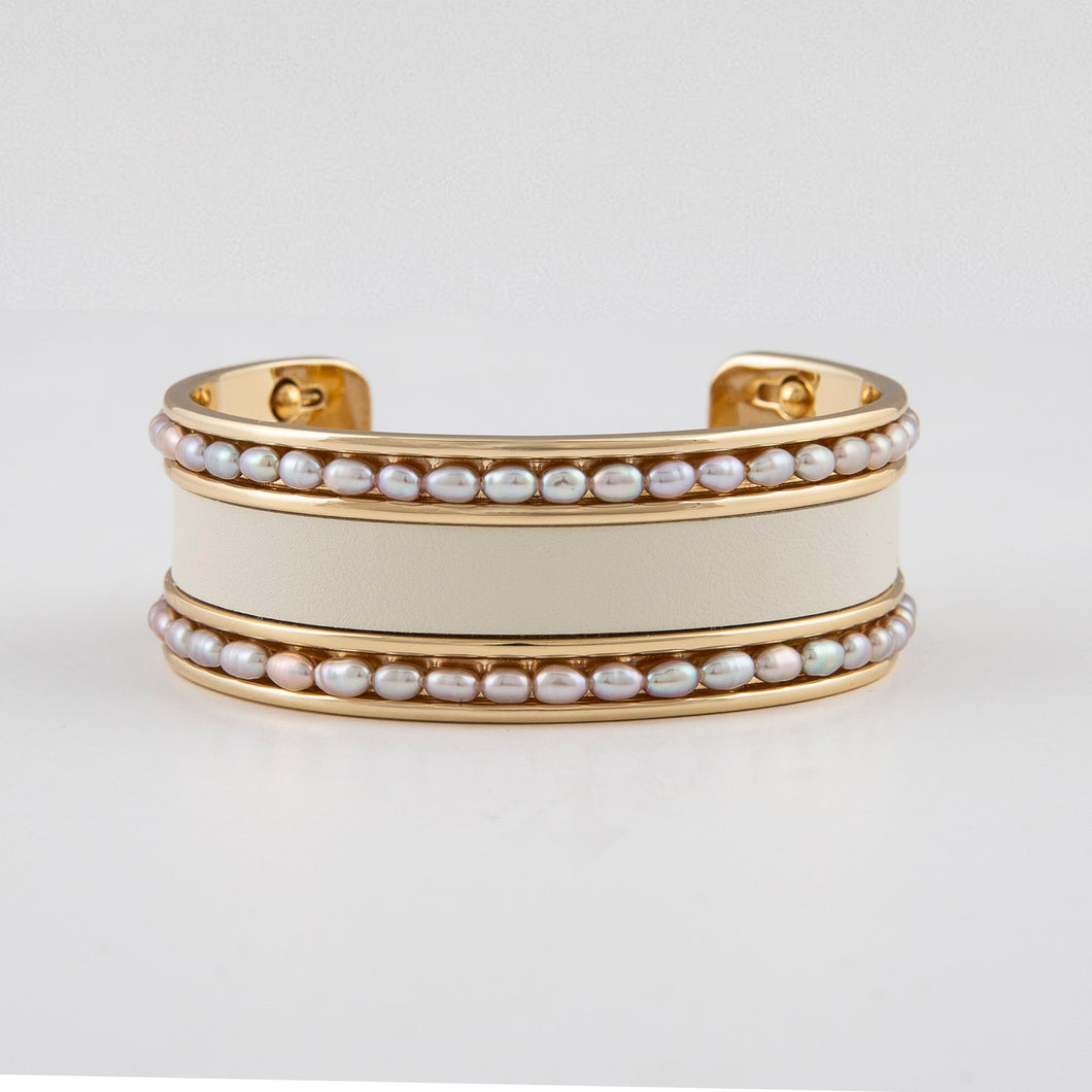 Gold Polished Cuff with Grey Pearl Beads