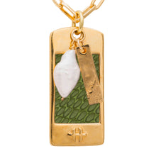 Load image into Gallery viewer, Verde leather on gold pendant
